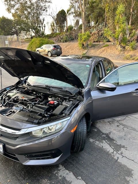 Cadillac with the hood up during an engine bay and full detail